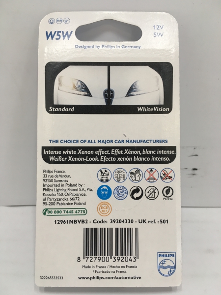PHILIPS Standlicht Glühbirne W5W I 12V 5W - intence white xenon effect - White Vision - 4300K